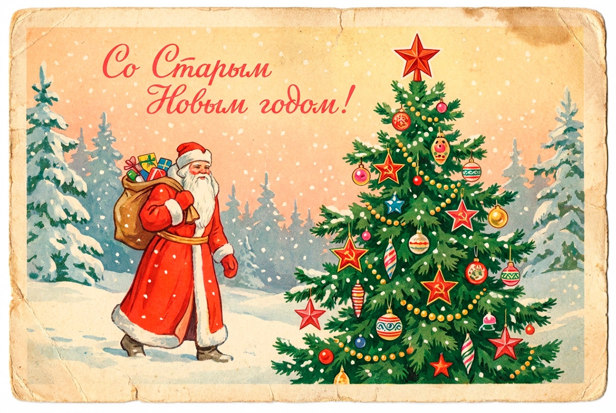 15 открыток на Старый Новый год — 2026: советские и в стиле ретро