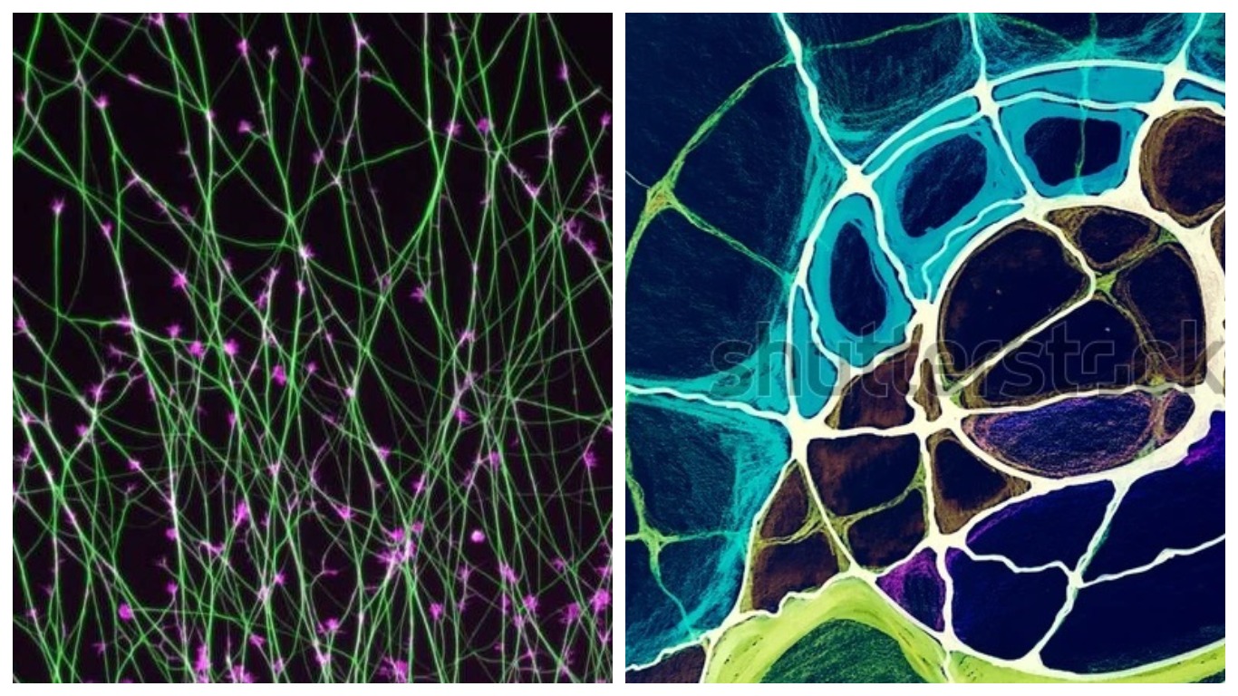 Слева &mdash; реальное фото растущей нейронной сети в эмбриональном мозге из лаборатории, справа &mdash; рисунок, выполненный по нейрографическому алгоритму.