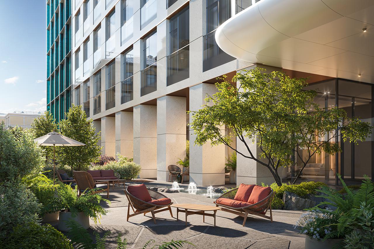 У декоративного пруда с гейзерами расположены уютные зоны отдыха