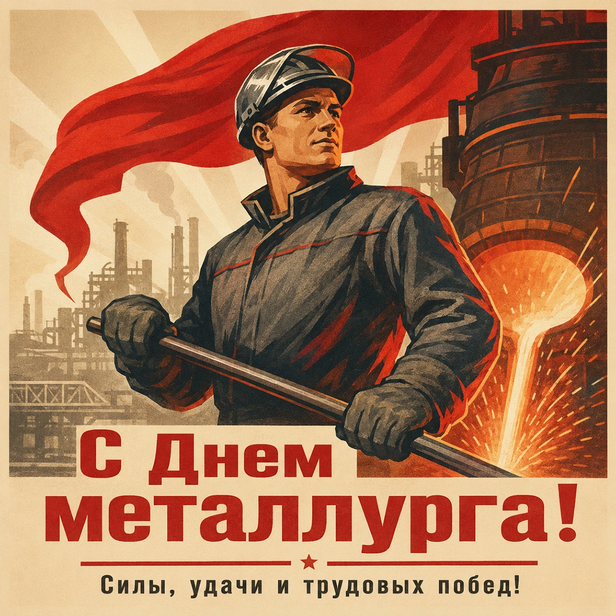 Открытка ко Дню металлурга с пожеланием силы, удачи и трудовых побед