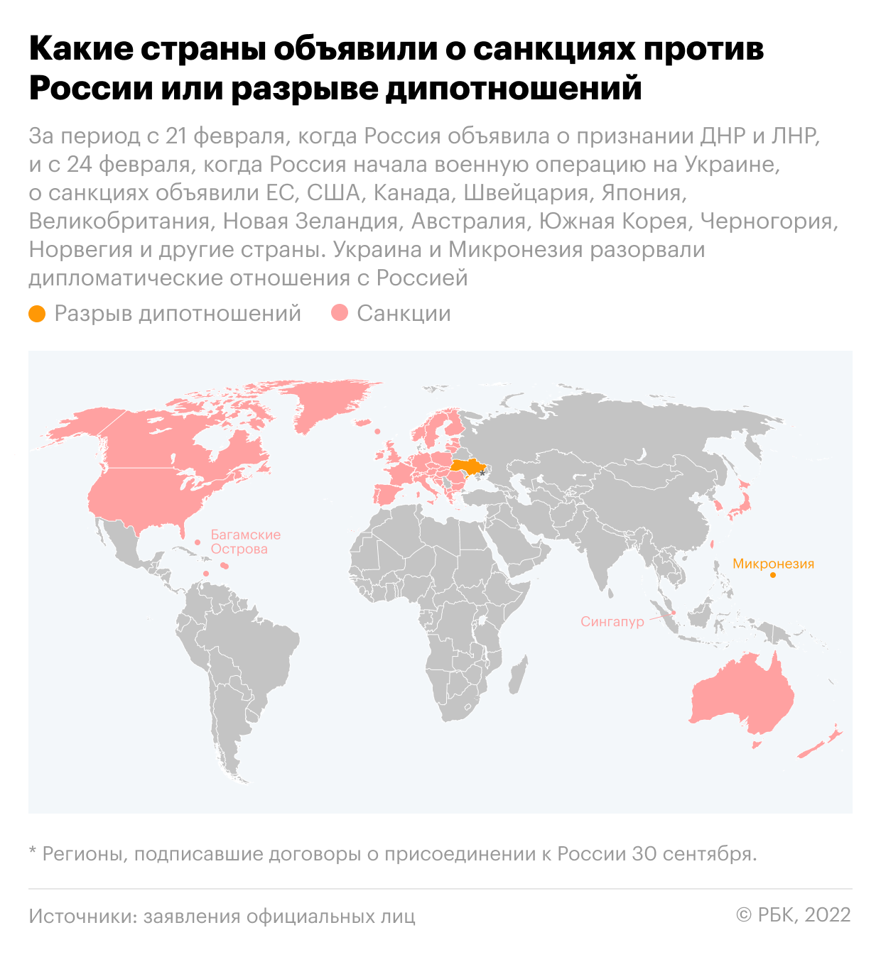 Какие страны объявили о санкциях и разрыве дипотношений с Россией. Карта