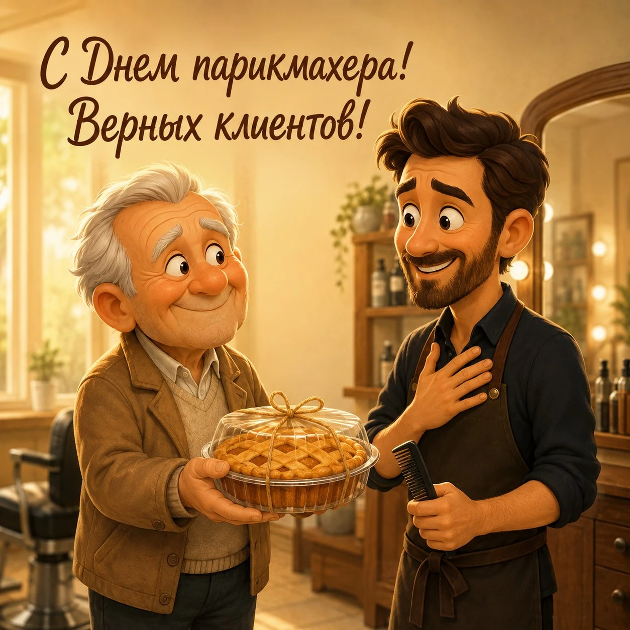 Теплая открытка с Днем парикмахера с пожеланием верных клиентов