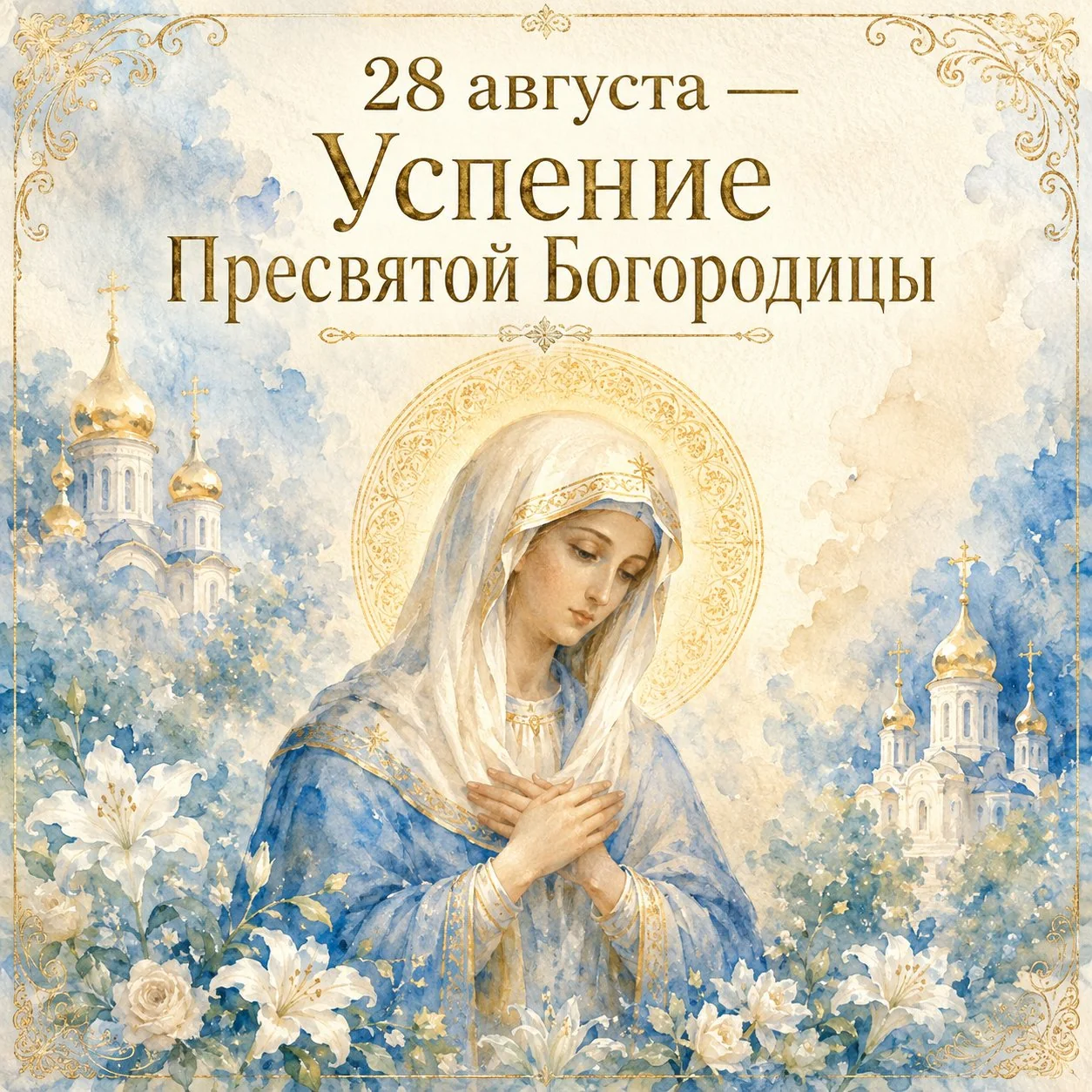 Акварельная открытка с Успением Пресвятой Богородицы 28 августа