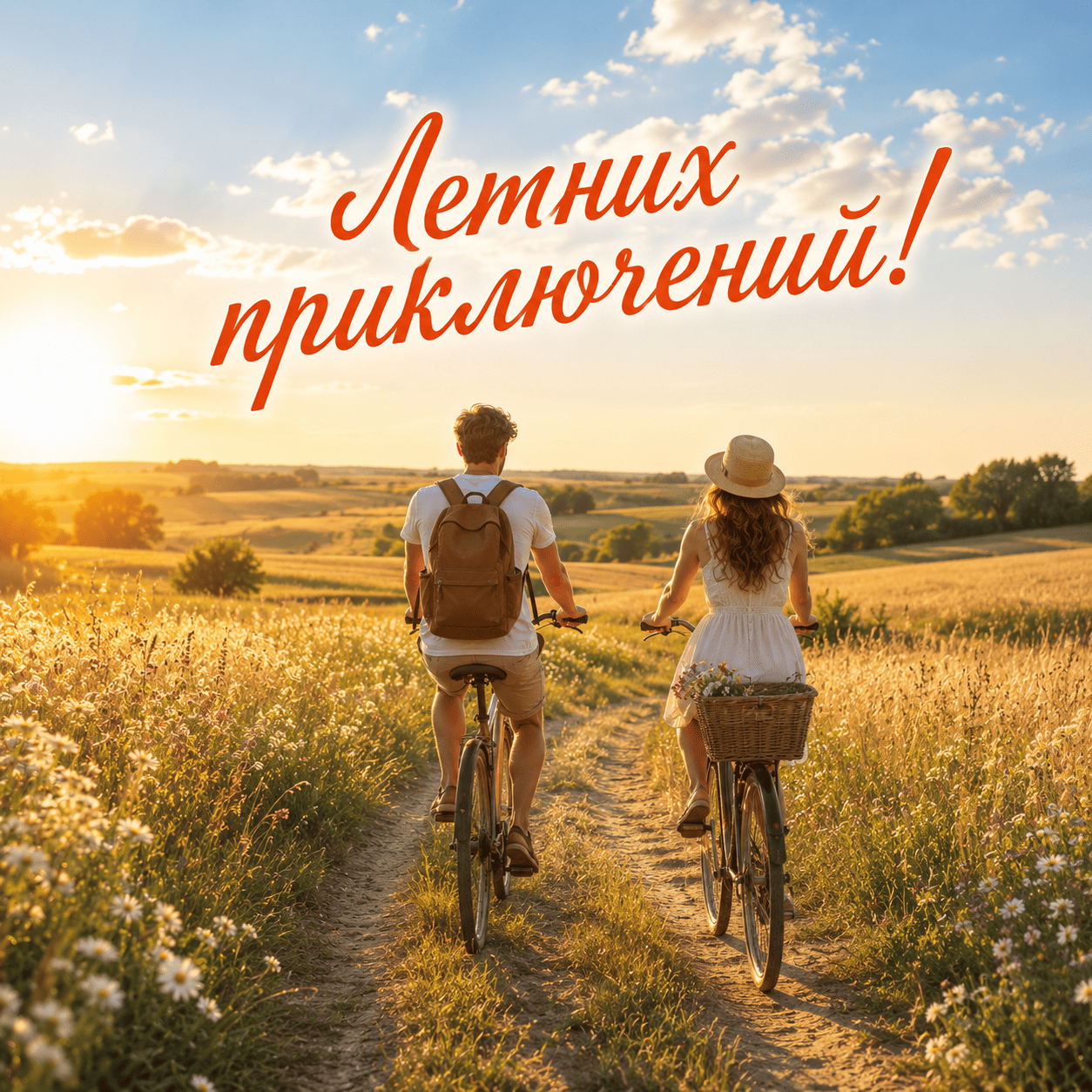 Открытка с велосипедистами в поле и надписью «Летних приключений!»