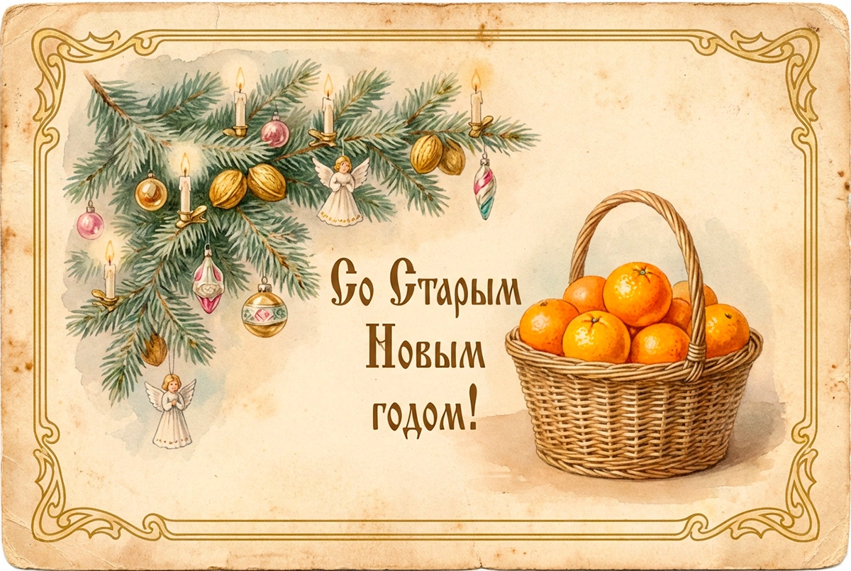 15 открыток на Старый Новый год — 2026: советские и в стиле ретро