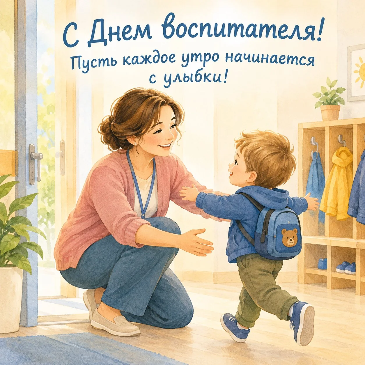Открытка с надписью «С Днем воспитателя! Пусть каждое утро начинается с улыбки!»