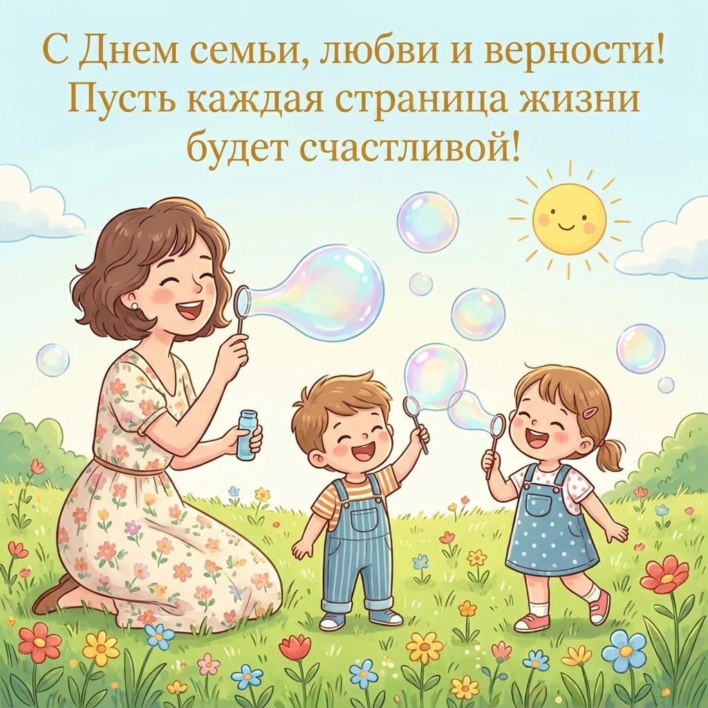 Радостная мультяшная открытка с надписью «С Днем семьи, любви и верности! Пусть каждая страница жизни будет счастливой!»
