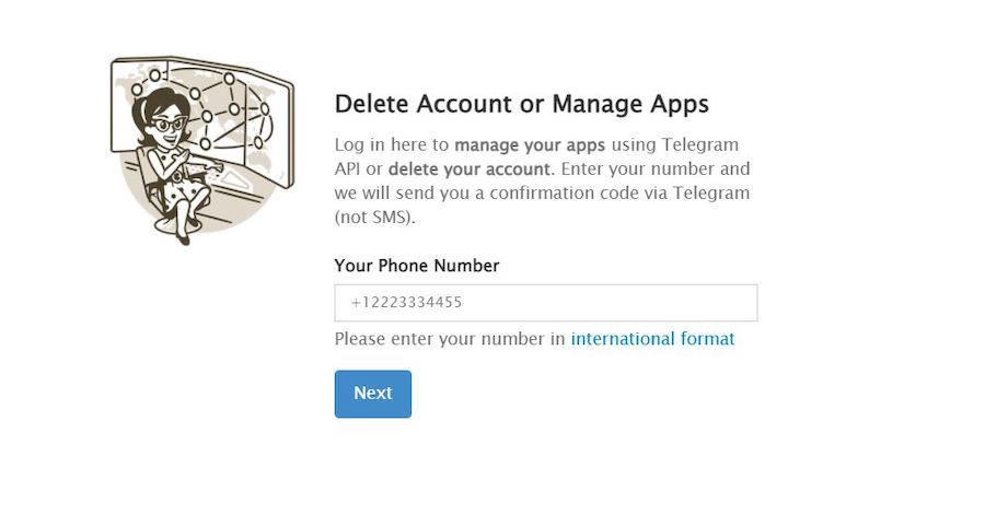 Страница удаления аккаунта Telegram (&laquo;Телеграм&raquo;)