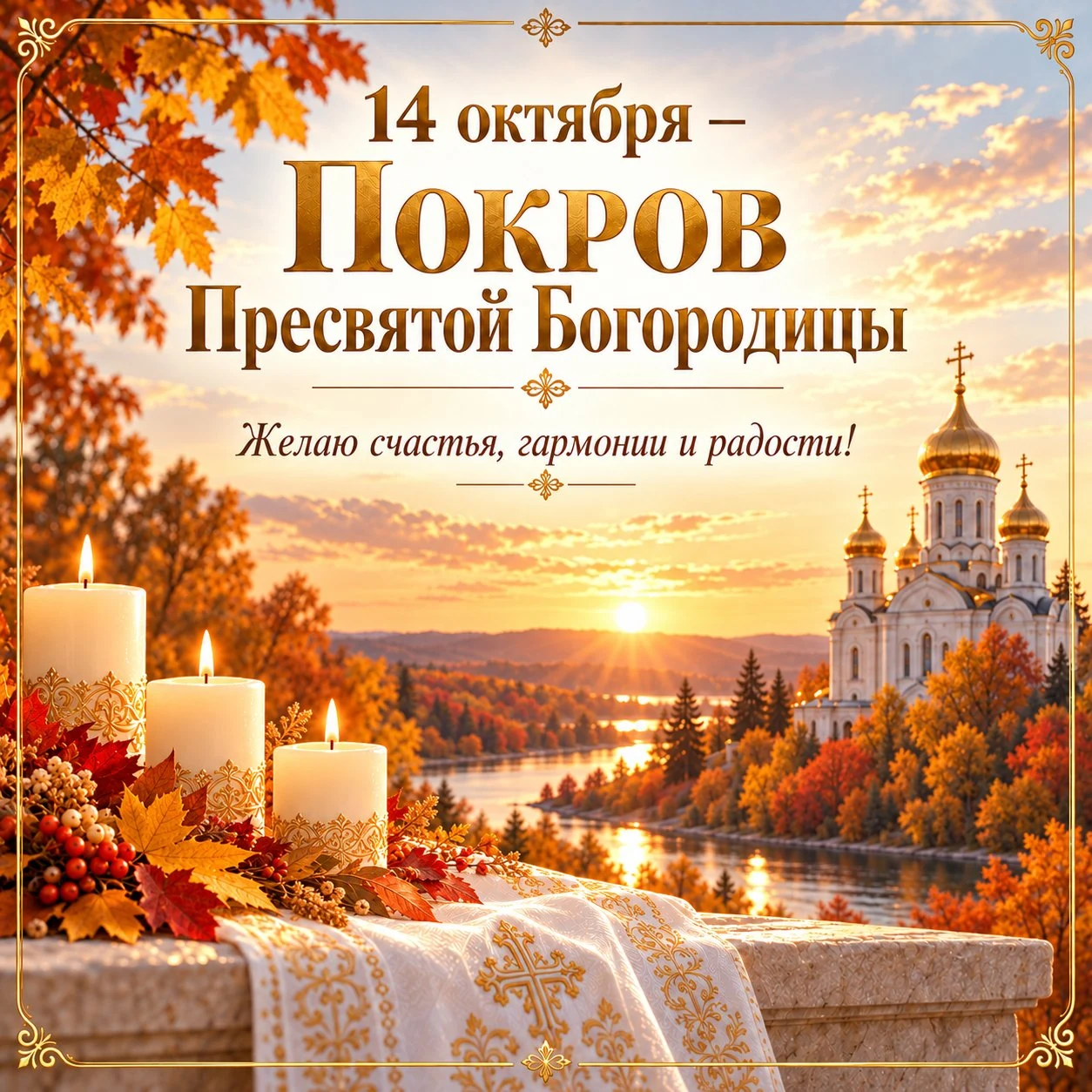 Открытка с надписью «14 октября — Покров Пресвятой Богородицы» и пожеланием счастья