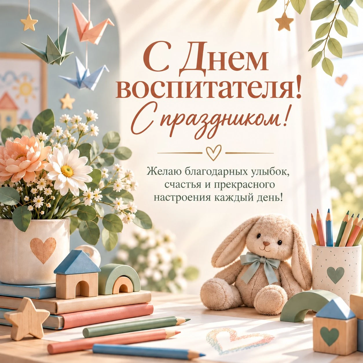 Красивая открытка ко Дню воспитателя с пожеланием счастья