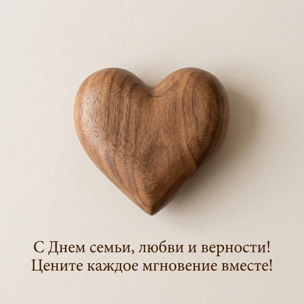 Минималистичная открытка с деревянным сердечком и поздравлением «С Днем семьи, любви и верности! Цените каждое мгновение вместе!»