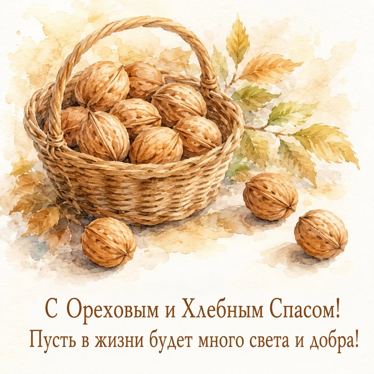 Акварельная открытка с Ореховым и Хлебным Спасом с корзиной грецких орехов
