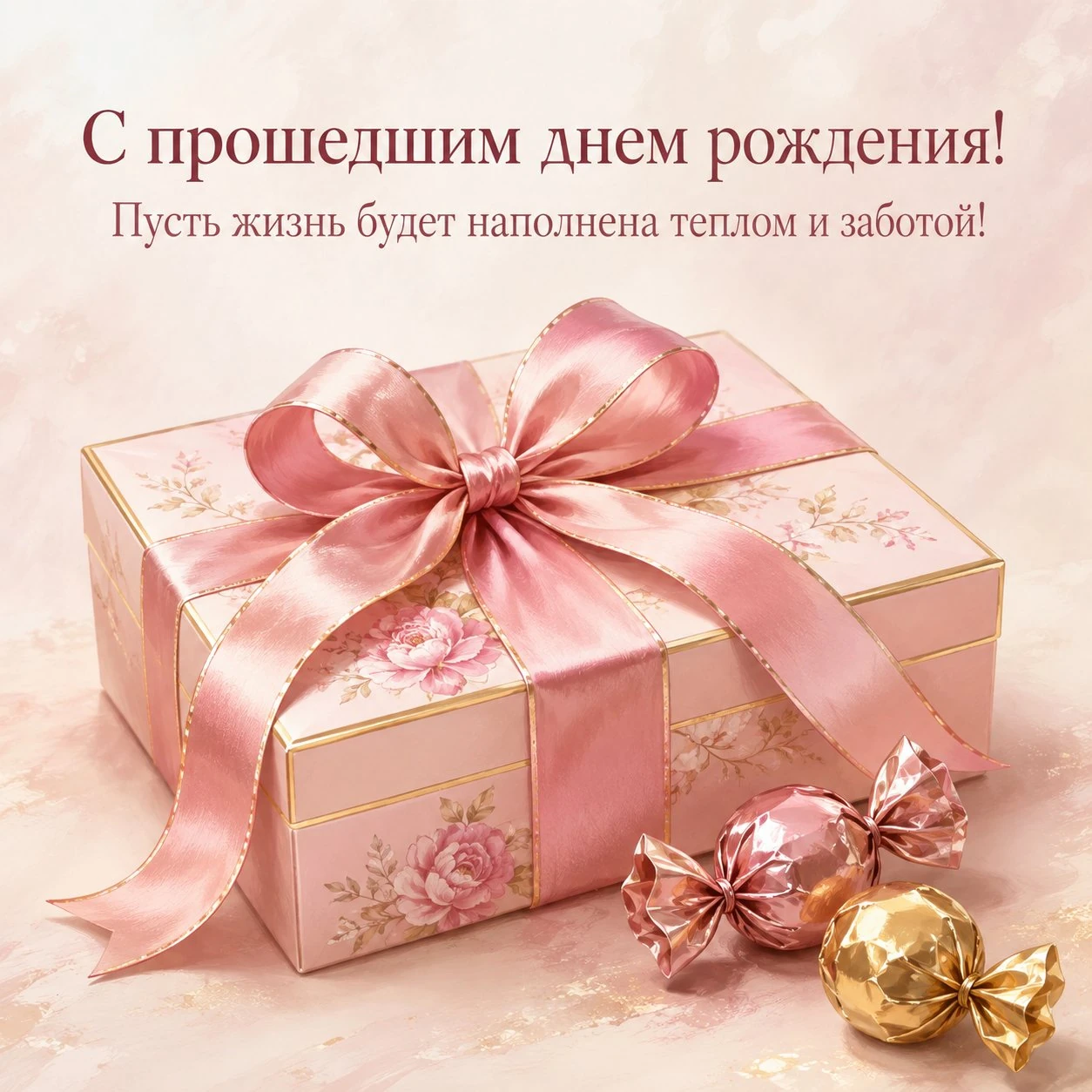 Нежная открытка с прошедшим днем рождения с пожеланием тепла и заботы