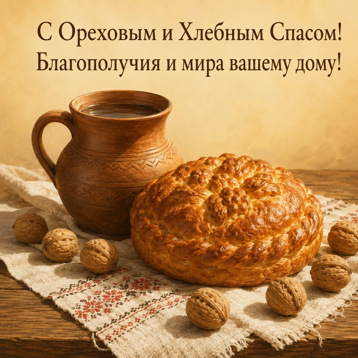 Открытка с Ореховым и Хлебным Спасом с пожеланием благополучия и мира