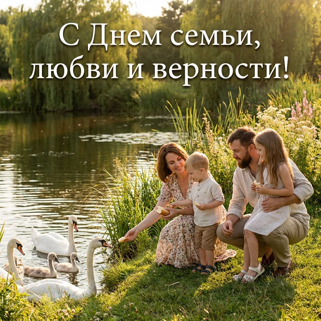 Душевная открытка с семьей, кормящей лебедей у пруда, и надписью «С Днем семьи, любви и верности!»