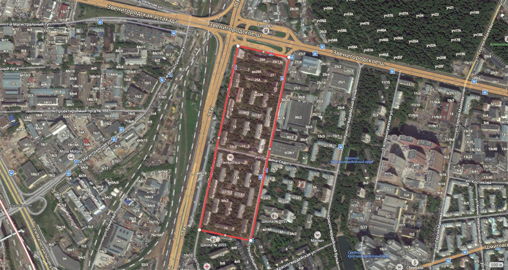 Крупный квартал пятиэтажек (22 дома) в&nbsp;Пресненском районе, ограниченный ТТК и&nbsp;Звенигородским шоссе
