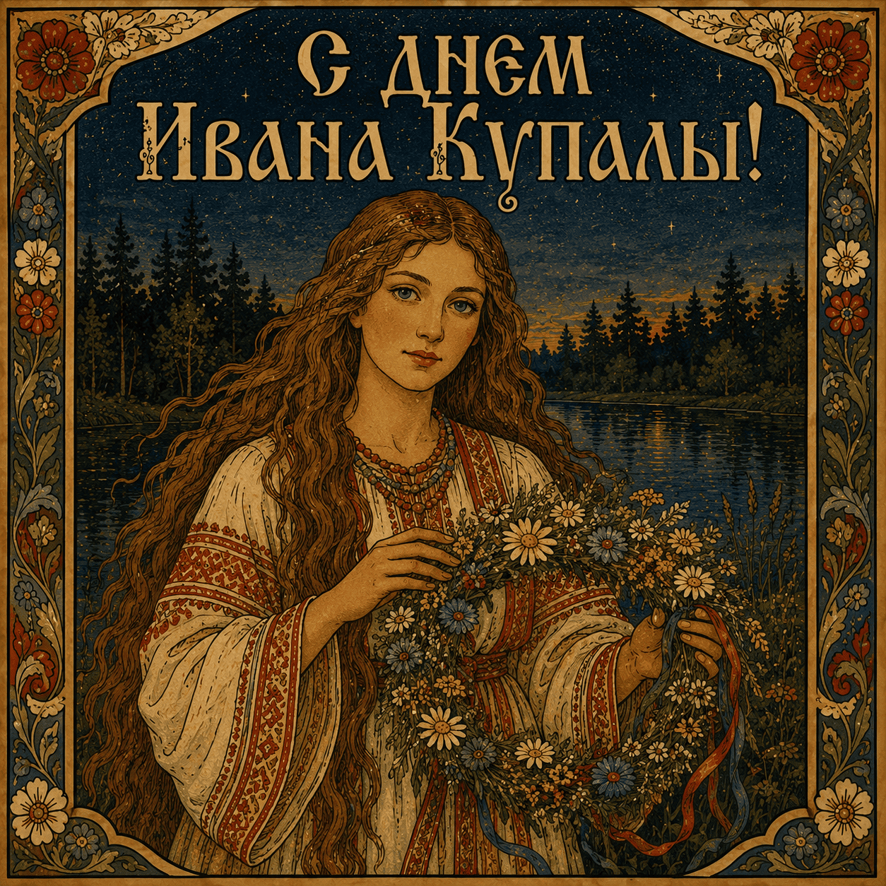 Открытка с девушкой в славянском стиле и надписью «С днем Ивана Купалы!»