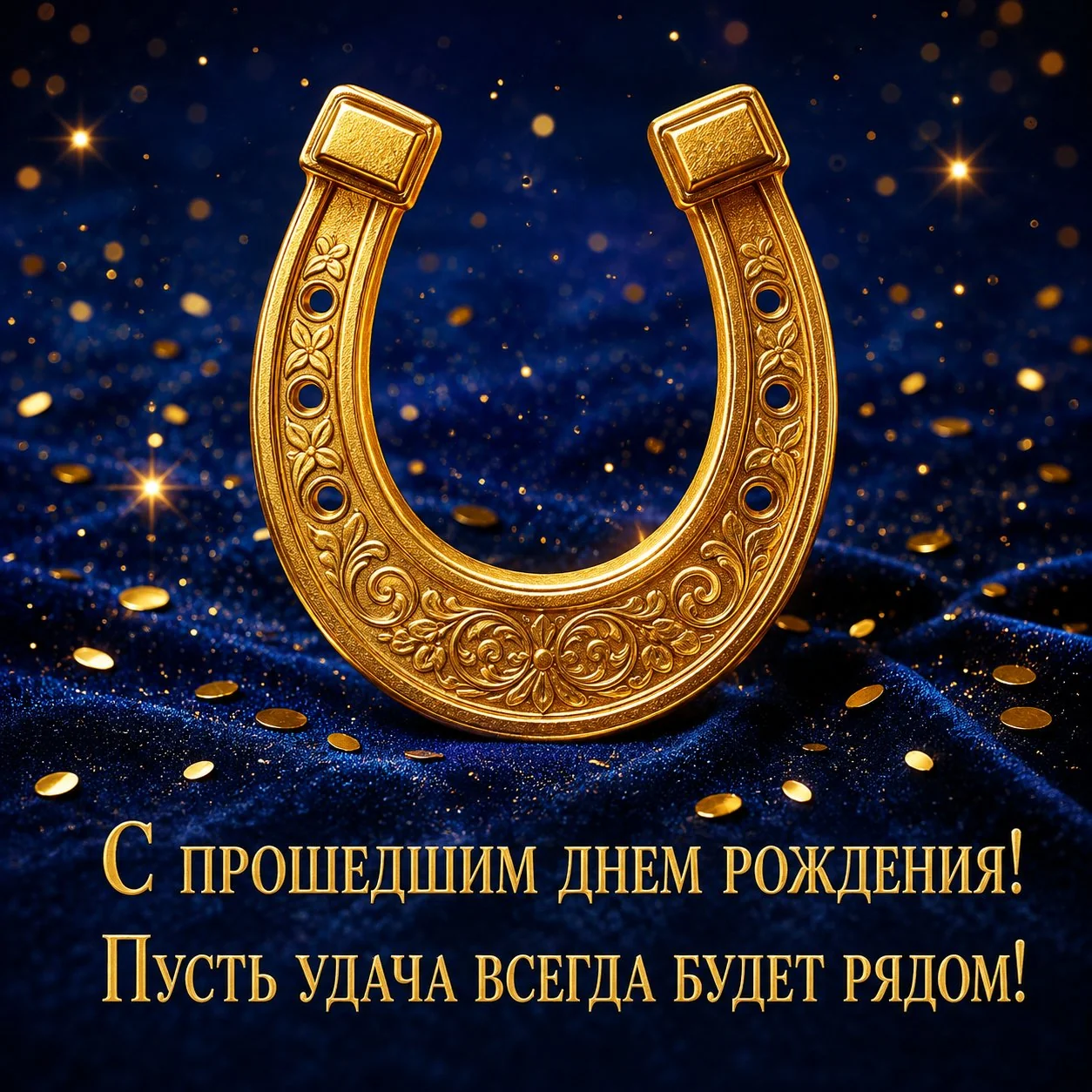 Открытка с прошедшим днем рождения с золотой подковой