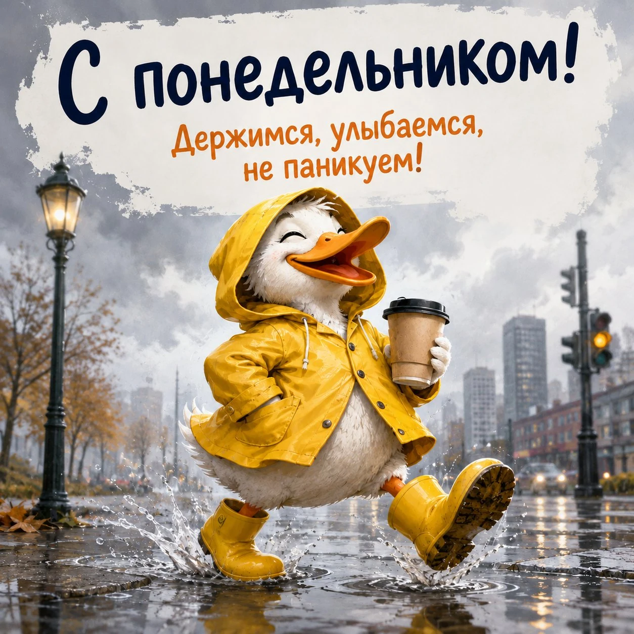 Прикольная открытка с надписью «С понедельником! Держимся, улыбаемся, не паникуем!»