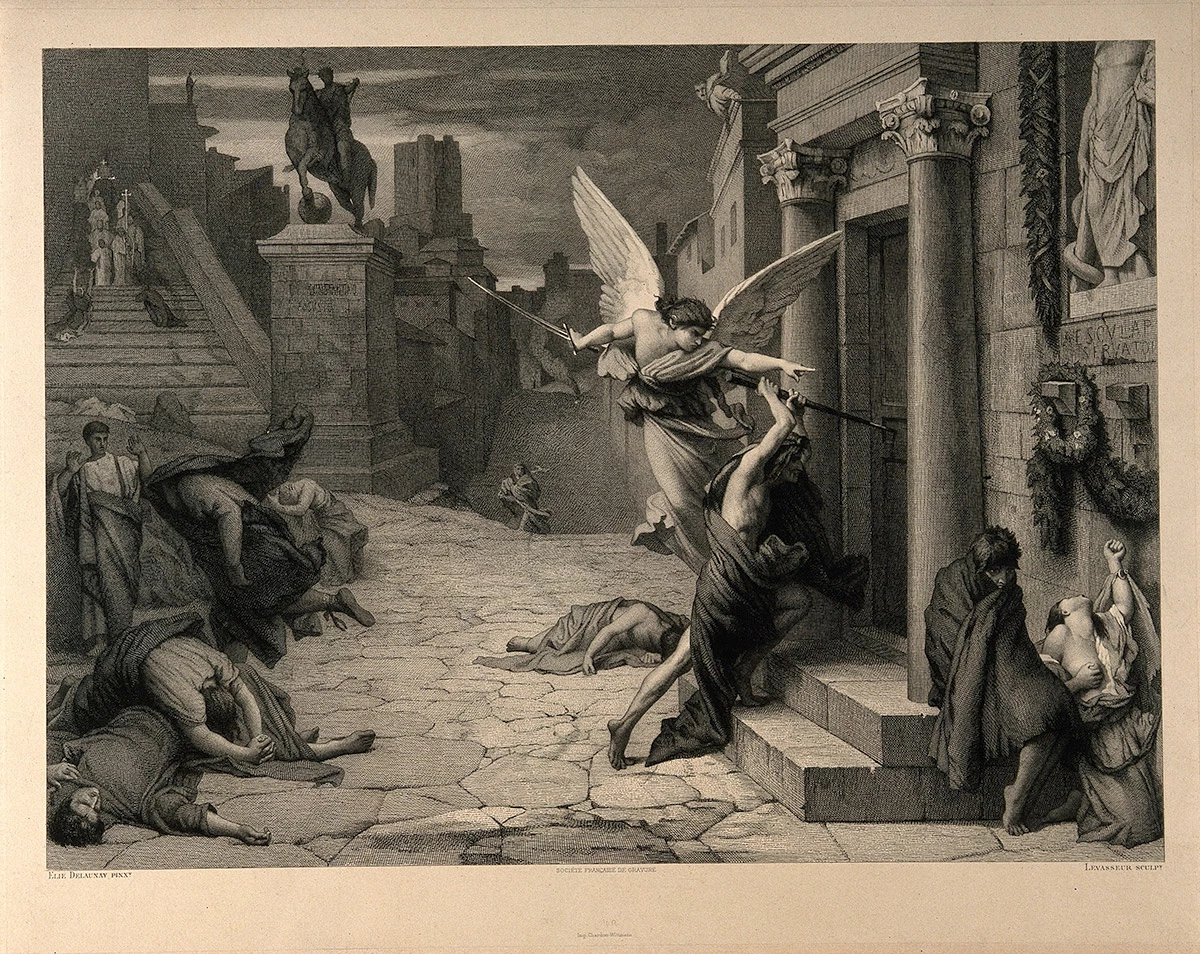 <p>Ангел смерти пробивает дверь во время Антониновой&nbsp;чумы в Риме; гравюра</p>