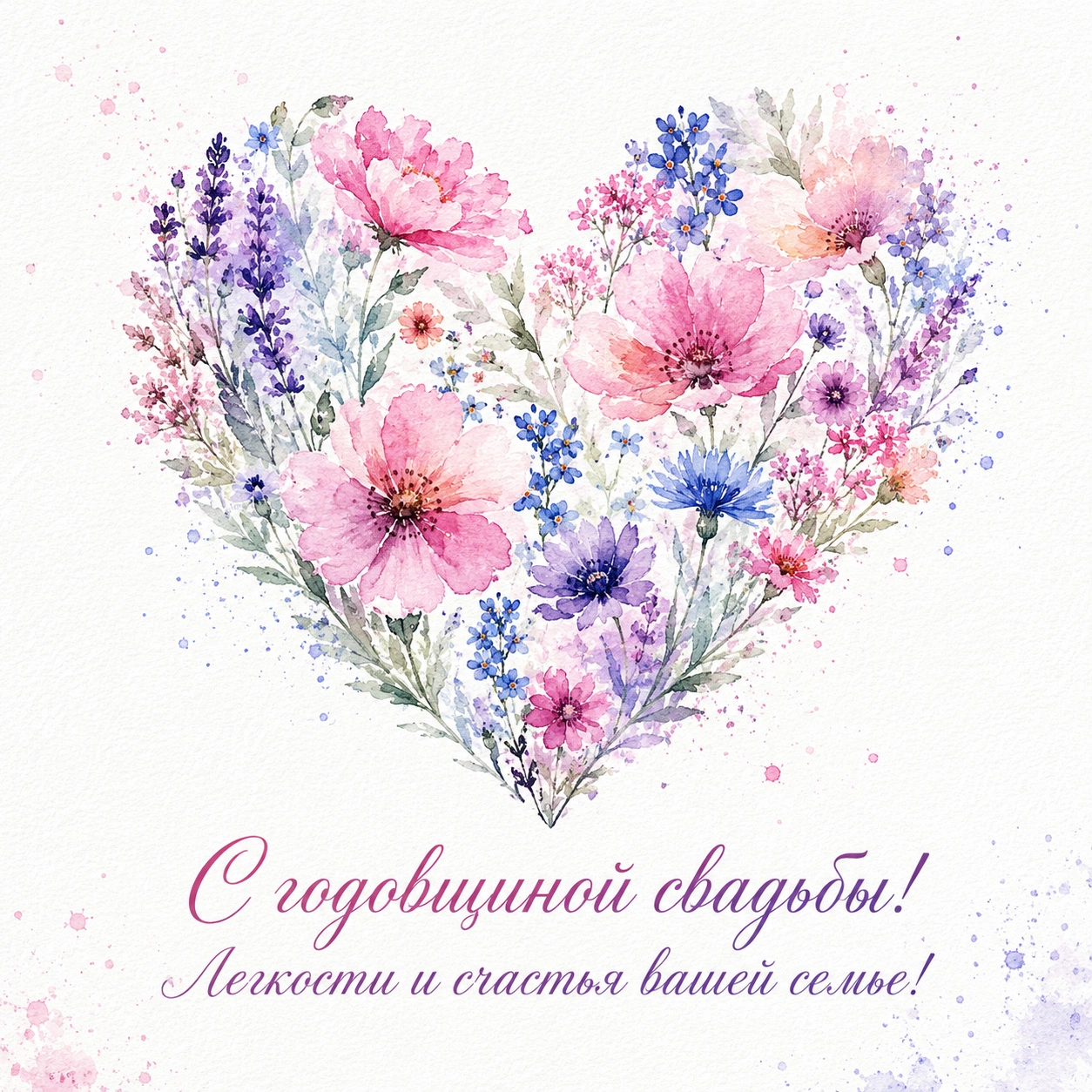 Открытка с сердцем из цветов и надписью «С годовщиной свадьбы! Любви и счастья вашей семье!»
