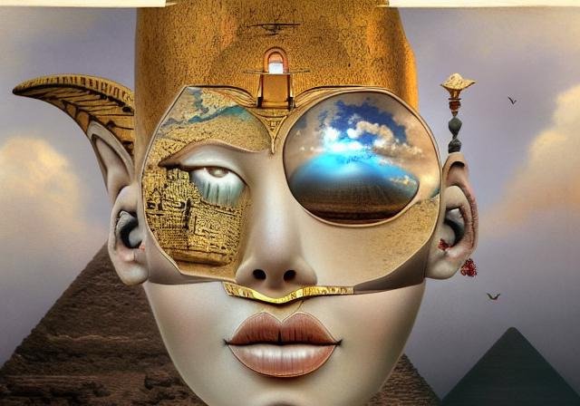 Рэй Цезарь, Николетта Чекколи, Марк Райден, 3d-рендеринг. НЛО в египетском стиле, сфинкс, Гиза, фараон, река Нил