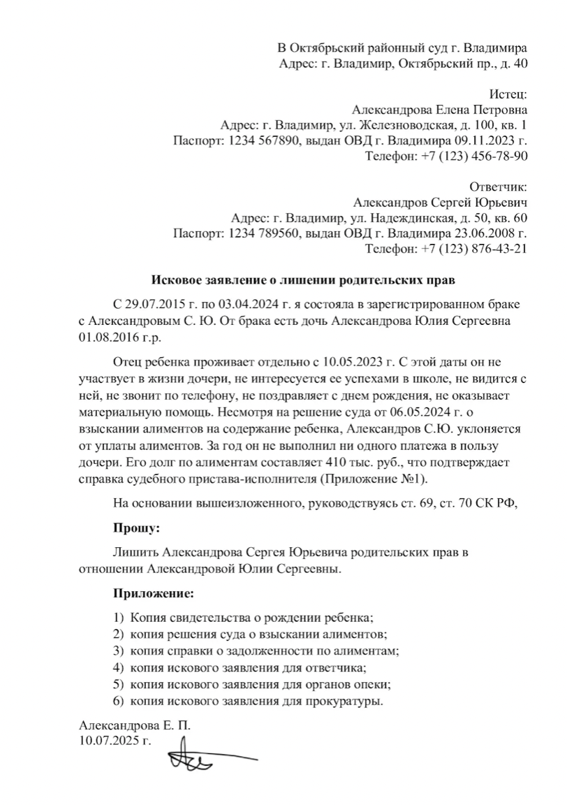 Образец искового заявления о лишении родительских прав