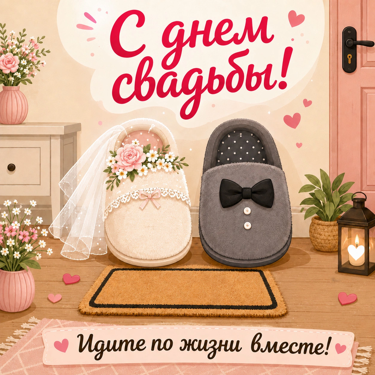 Смешная открытка с днем свадьбы и пожеланием «Идите по жизни вместе!»