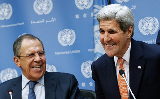 Министр иностранных дел России Сергей Лавров и госсекретарь США Джон Керри (слева направо) на пресс-конференции после заседания Совета Безопасности ООН