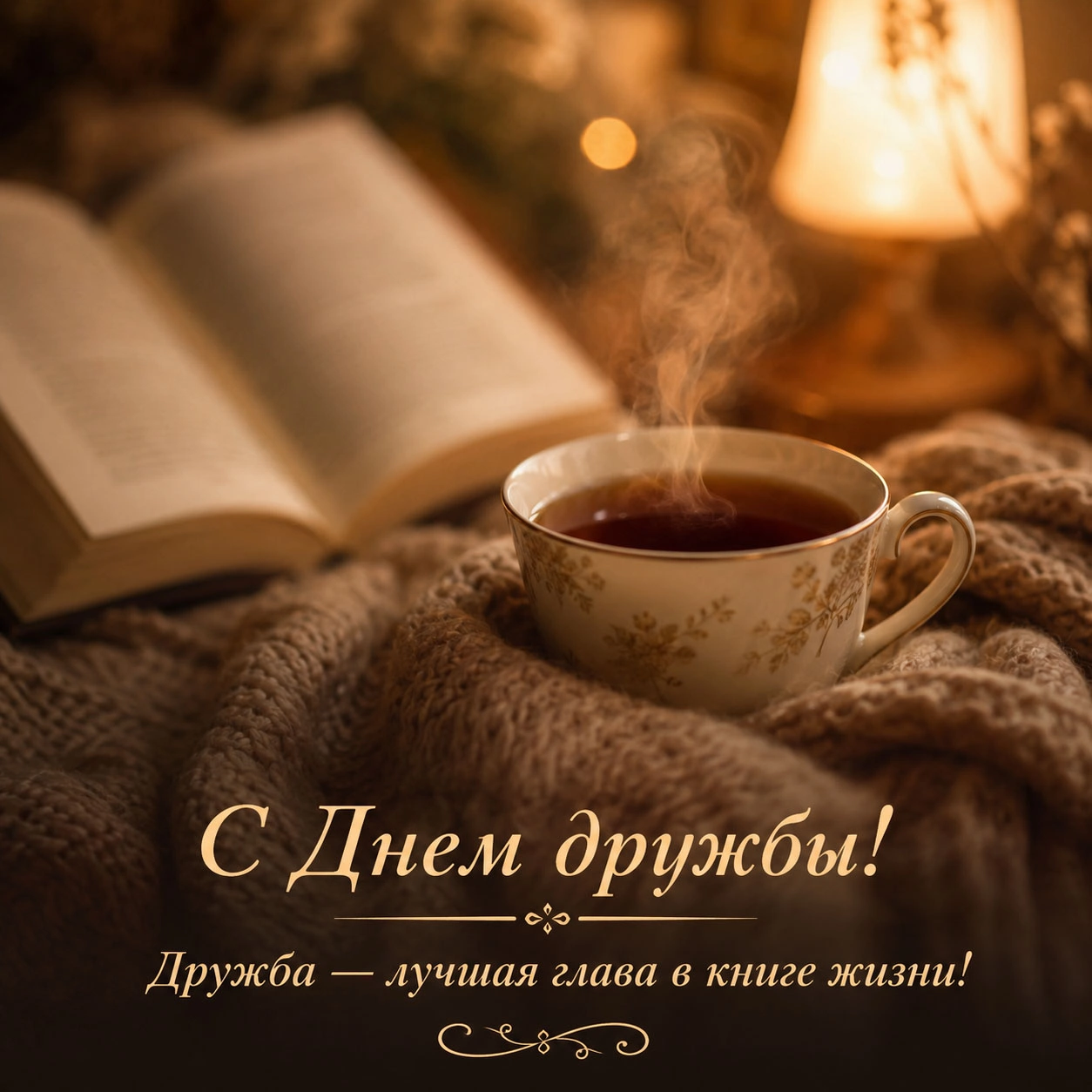 Уютная открытка с книгой и чаем ко Дню дружбы