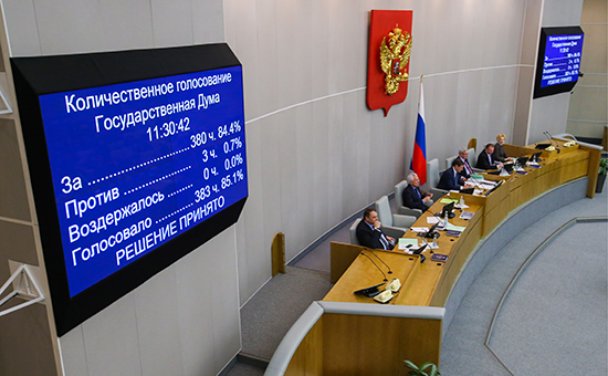 Результаты голосавания за&nbsp;принятие в&nbsp;третьем чтении законопроекта о&nbsp;декриминализации побоев в&nbsp;семье на&nbsp;пленарном заседании Госдумы России


