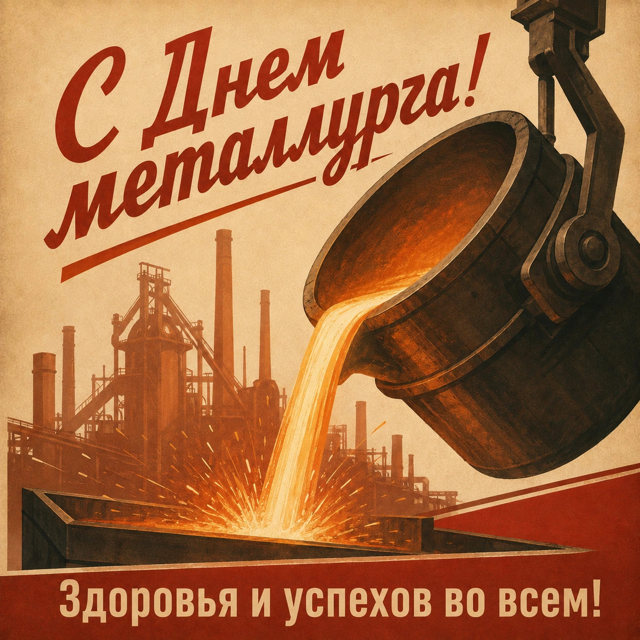 Красивая открытка ко Дню металлурга в советском стиле