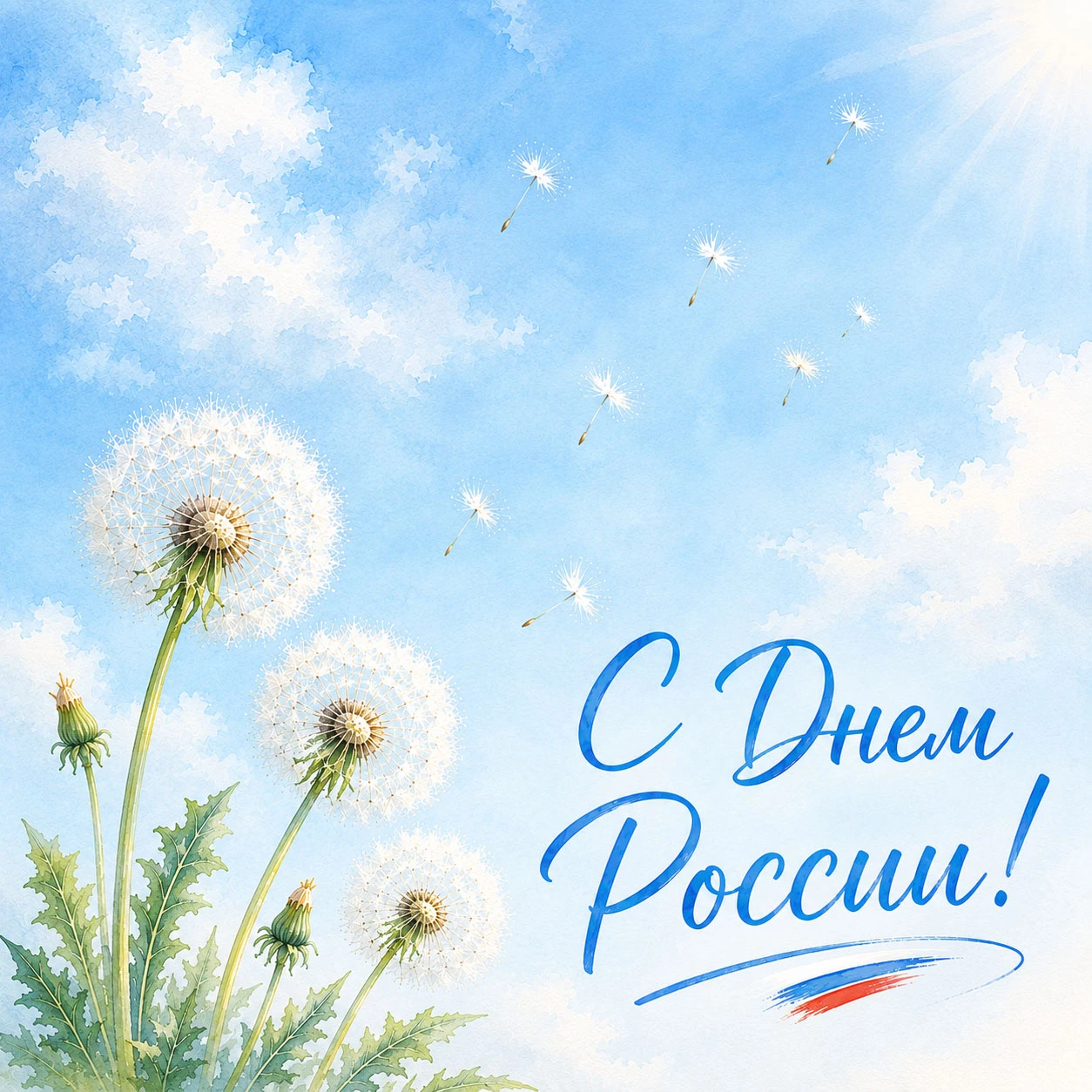 Одуванчики и надпись «С Днем России!»