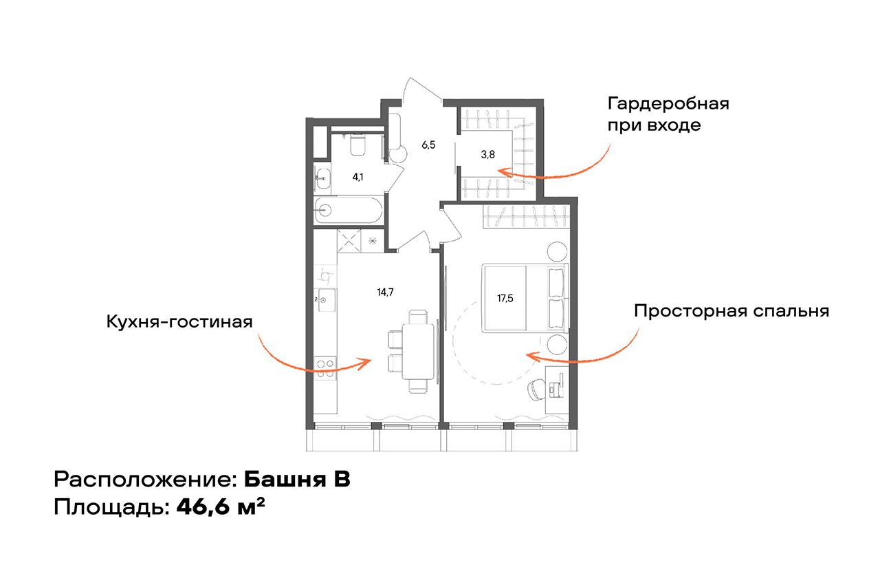 ЖК Sokolniki. Планировка квартиры с одной спальней