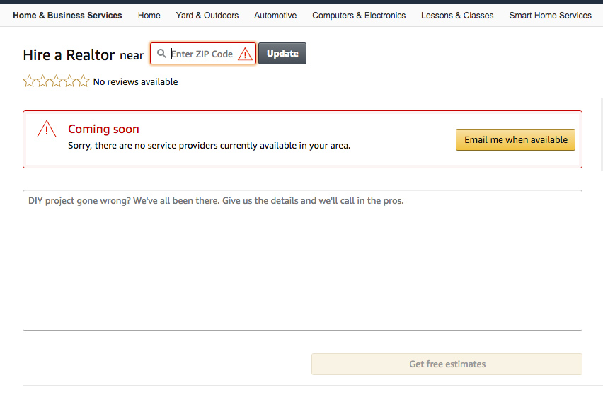 Скриншот удаленного сервиса по поиску риелторов на сайте Amazon.com