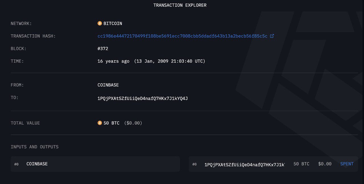 Первый добытый пользователем блок биткоина.&nbsp;Источник: Arkham Intelligence