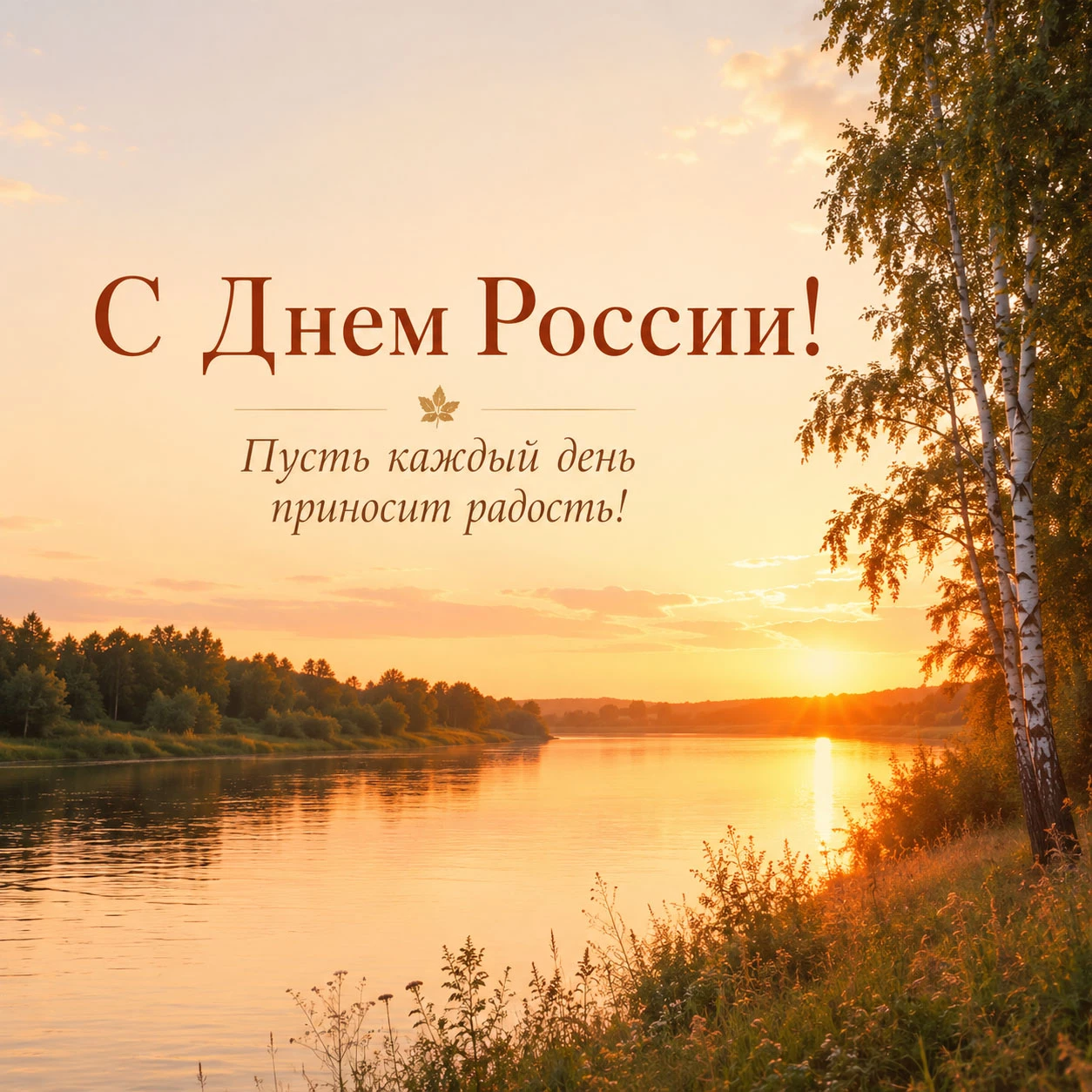 Открытка с рекой на закате и надписью «С Днем России!»