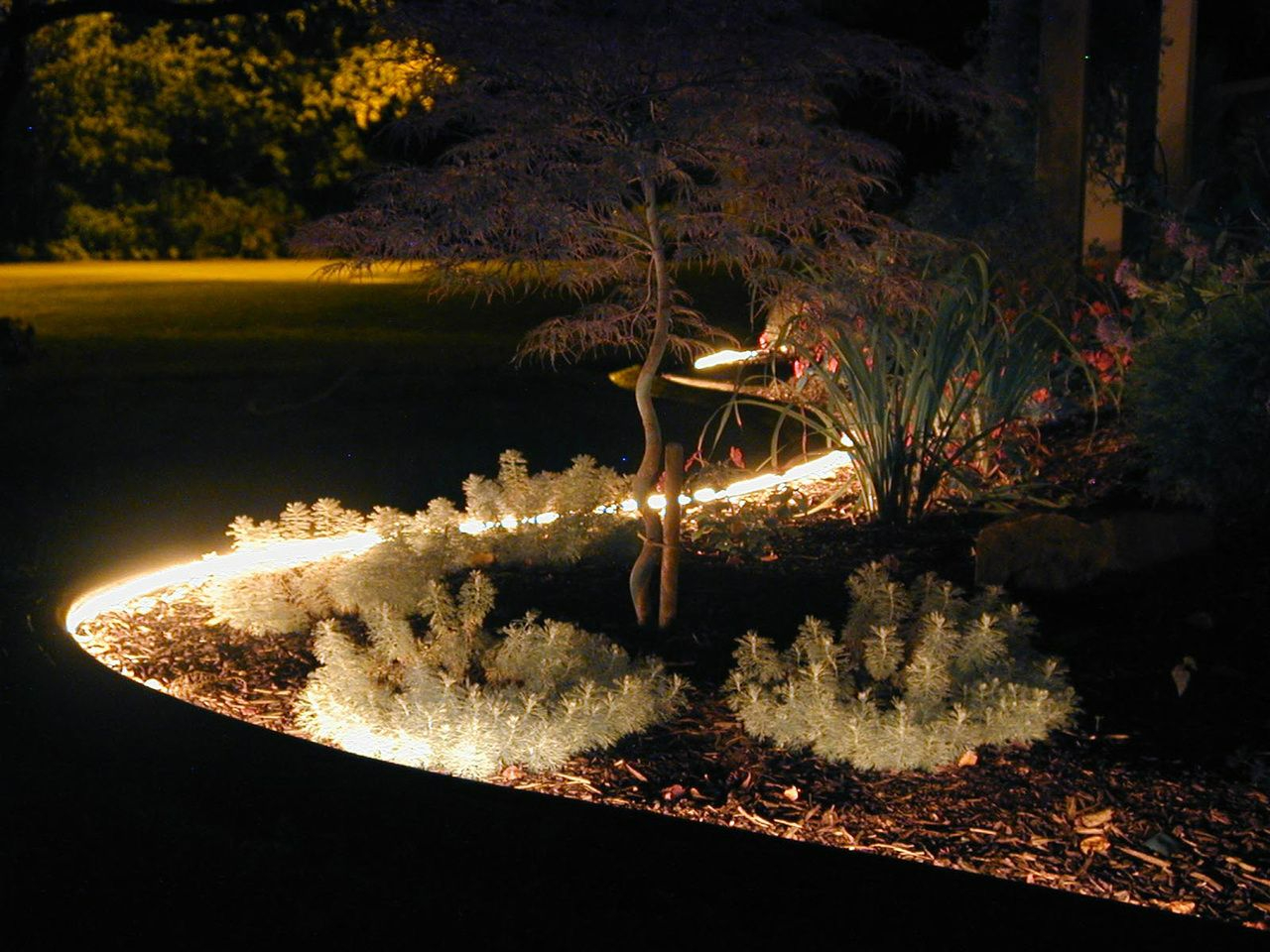 Светодиодную ленту можно использовать для подсветки определенных элементов дизайна, например клумб или отдельных растений, выравнивания света на веранде, крыльце или подсветки дорожек
