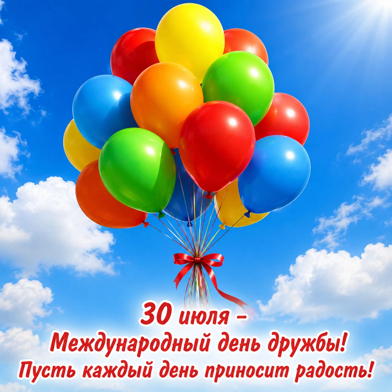 Открытка с воздушными шарами и пожеланием радости ко Дню дружбы