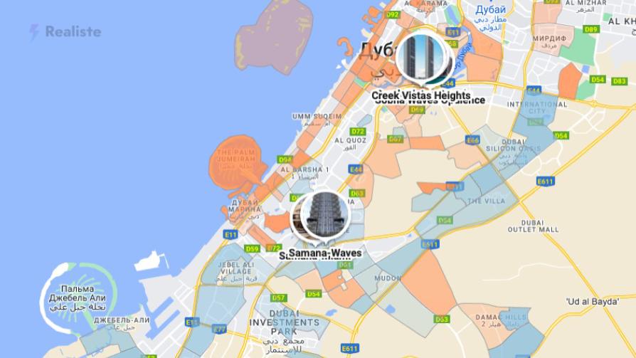 Карта районов Дубая,&nbsp;наиболее и наименее перспективных с точки зрения потенциального роста цен на жилье