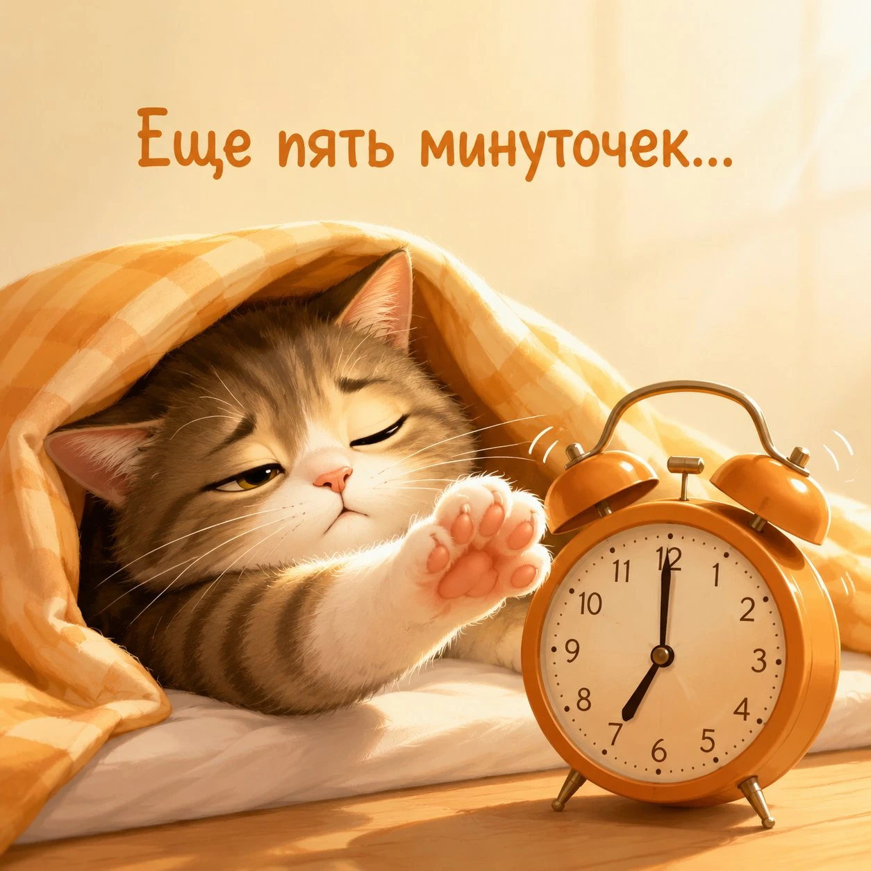 Прикольная открытка с надписью «Еще пять минуточек…»