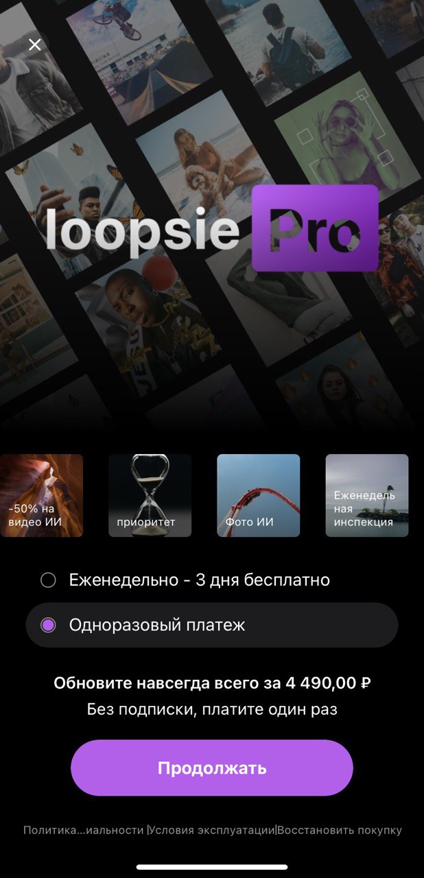 Интерфейс приложения Loopsie с условиями использования и подписки