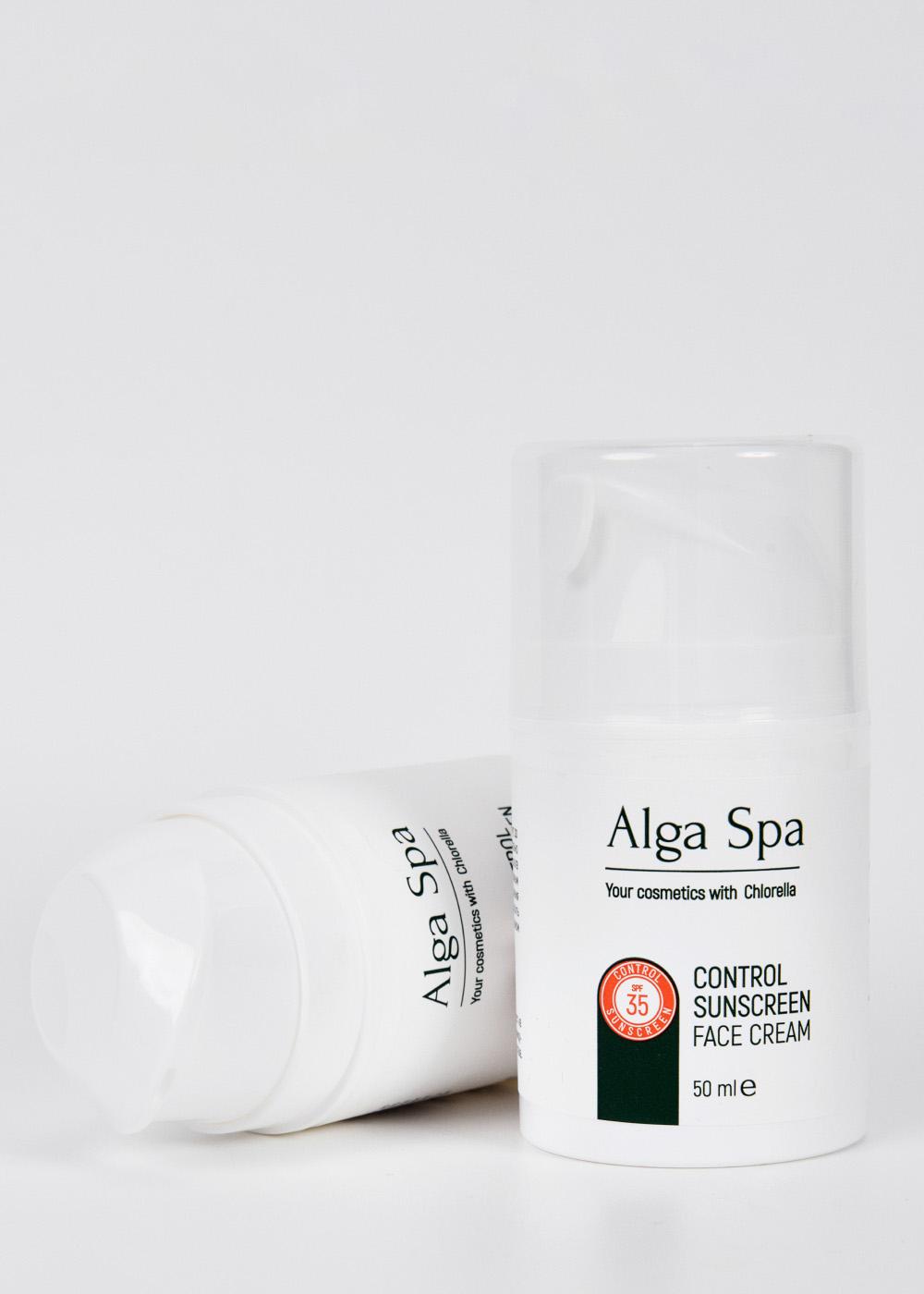 Солнцезащитный крем для лица, шеи и зоны декольте на основе живой суспензии микроводоросли хлореллы, Alga Spa, 2120 руб. (algaspatium.ru)