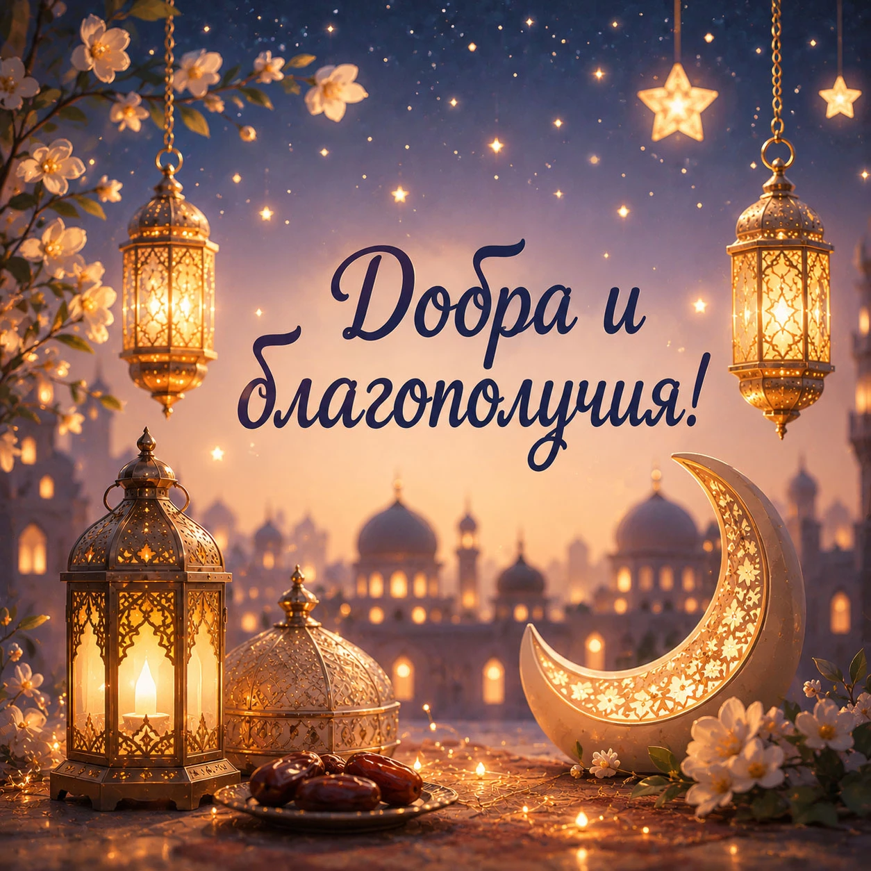 Праздничная открытка с Курбан-байрамом с золотыми фонарями и пожеланием добра и благополучия