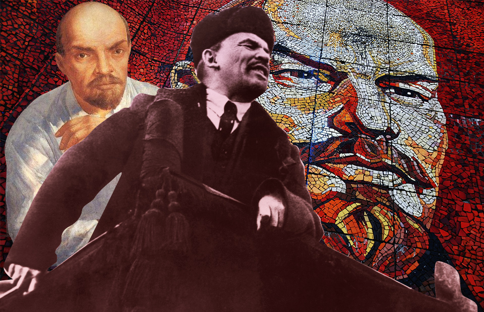 В коллаже использованы портреты В.&nbsp;Ленина:&nbsp;картина К. Петрова-Водкина (1934), мозаика Т. Джолагонии (1980), снимок с Красной площади (1918)