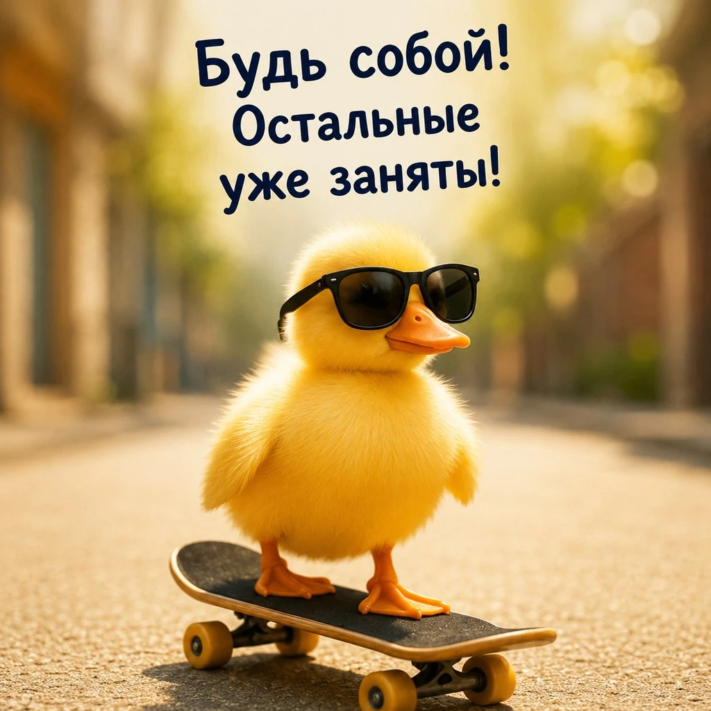 Смешная открытка для поднятия настроения с утенком на скейте