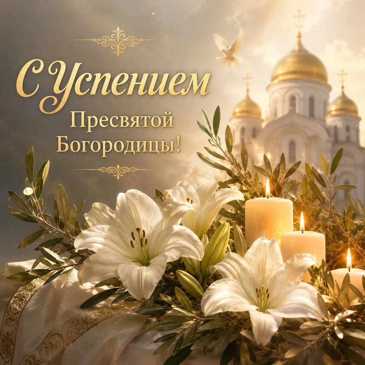 Красивая открытка с Успением Пресвятой Богородицы и лилиями