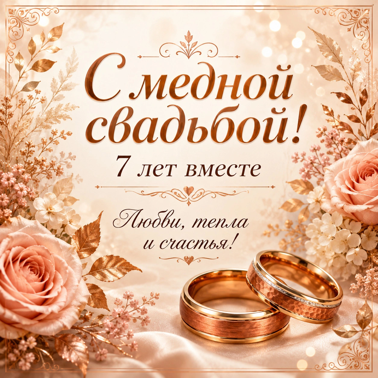 Открытка с медной свадьбой и пожеланием любви, тепла и счастья