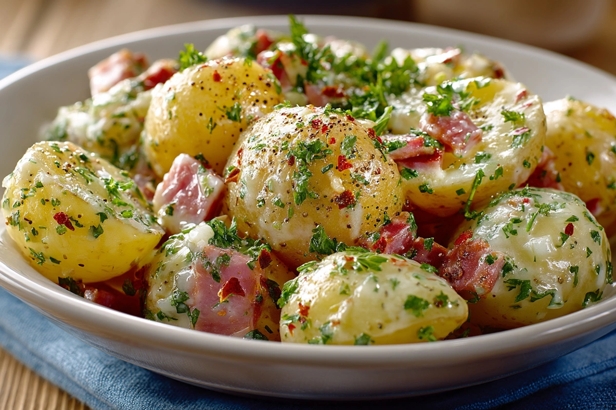 Тушеный с ветчиной молодой картофель