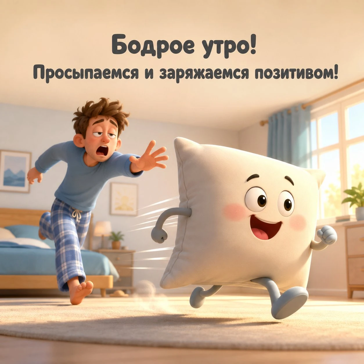 Прикольная открытка с надписью «Бодрое утро! Просыпаемся и заряжаемся позитивом!»